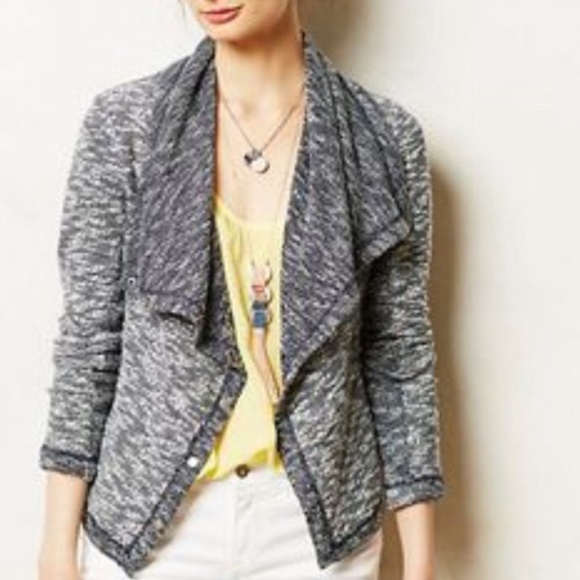 Anthropologie Saturday Sunday Navy Blue & Ivory Marled Moto Jacket - Picture 1 of 6